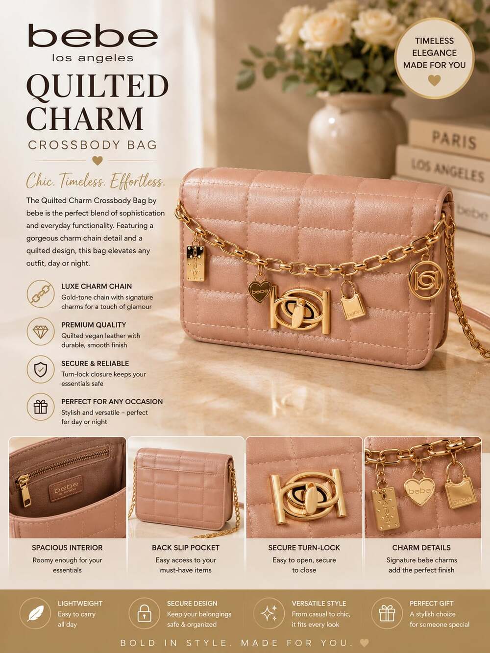 bebe Quilted Charm Crossbody Bag in Blush Pink